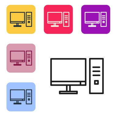 Siyah çizgi bilgisayar monitörü simgesi beyaz arkaplanda izole edildi. Bilgisayar bileşeni işareti. Renkli kare düğmelerle simgeleri ayarla. Vektör İllüstrasyonu.