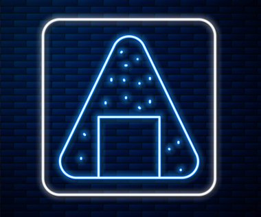 Parlayan neon hattı Onigiri simgesi tuğla duvar arka planında izole edildi. Japon yemeği. Vektör İllüstrasyonu.