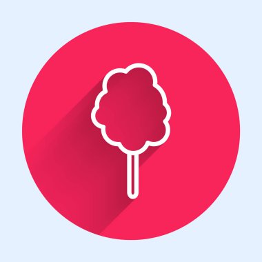 Beyaz çizgili pamuk helva ikonu uzun gölgeli. Kırmızı daire düğmesi. Vektör İllüstrasyonu.