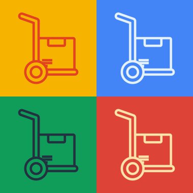 Popüler sanat çizgisi El arabası ve renkli arka planda izole edilmiş kutular. Dolly sembolü. Vektör İllüstrasyonu.