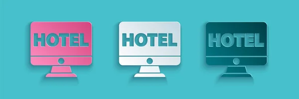 Papiergeschnittene Online Hotelbuchung Symbol Isoliert Auf Blauem Hintergrund Online Buchungsdesign — Stockvektor