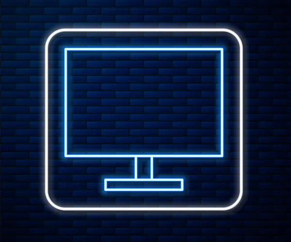Glowing Neon Line Computer Monitor Screen Icon Isolated Brick Wall — Stock Vector