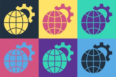 Dünya 'nın Pop Art Globe' u ve teçhizatı ya da dişli ikonu renk arkaplanında izole edilmiş. Parametreler ayarlanıyor. Global Seçenekler. Vektör İllüstrasyonu.