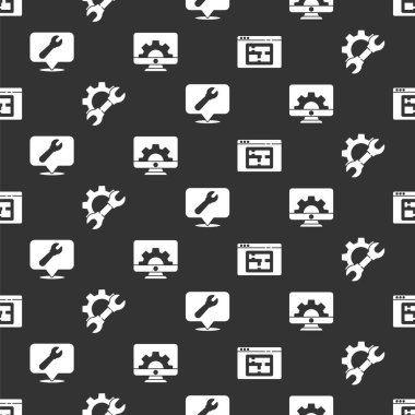 Ev planını, İngiliz anahtarı ve teçhizatını, anahtar anahtarı ve bilgisayar monitörlü konumu ve teçhizatı sorunsuz bir şekilde ayarla. Vektör.