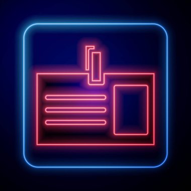 Parlayan neon kimlik kartı simgesi mavi arkaplanda izole edildi. Sunum için, şirketin kimliği için, reklam için kullanılabilir. Vektör İllüstrasyonu.
