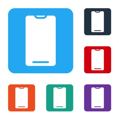 Beyaz Akıllı Telefon, beyaz arkaplanda izole edilmiş bir cep telefonu simgesi. Renkli kare düğmelerle simgeleri ayarla. Vektör İllüstrasyonu.