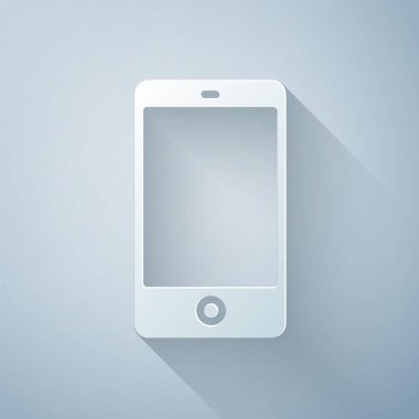 Kağıt kesiği, akıllı telefon, gri arka planda izole edilmiş cep telefonu simgesi. Kağıt sanatı tarzı. Vektör İllüstrasyonu.