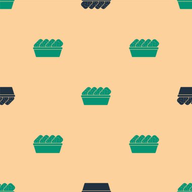 Kutu simgesindeki yeşil ve siyah tavuk külçeleri bej arka planda izole edilmiş kusursuz desen. Vektör İllüstrasyonu.