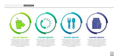 Kahve fincanını paket yap, yemek siparişi ver, çatal, kaşık ve online sipariş ve teslimat. Ticari bilgi şablonu. Vektör.