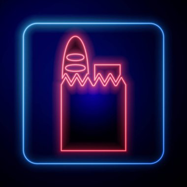 Parlayan neon kağıt alışveriş torbası ve mavi arka planda izole edilmiş yiyecek ikonu. Yiyecek dükkanı, süpermarket. Vektör İllüstrasyonu.