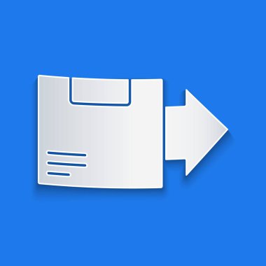 Kağıt kesiği karton kutu simgesi mavi arkaplanda izole edilmiş. Kutu, paket, paket işareti. Teslimat ve ambalaj. Kağıt sanatı tarzı. Vektör İllüstrasyonu.