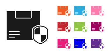 Beyaz zemin üzerinde kalkan simgesi olan Kara Teslimat güvenliği. Teslimat sigortası. Kalkanın ötesinde sigorta kutuları var. Simgeleri renklendirin. Vektör İllüstrasyonu.