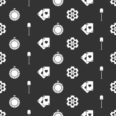 Revolver silindirini, küreği, kantin su şişesini ve iskambil kağıtlarını pürüzsüz bir şablona ayarlayın. Vektör.