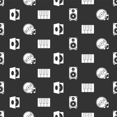 Stereo hoparlörünü, vinil diski, vinil diski ve müzik sentezleyicisini dikişsiz desen üzerine ayarla. Vektör.