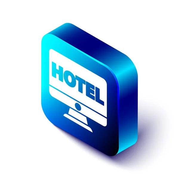 Isometrica Online Hotel Booking Icon Isolato Sfondo Bianco Concetto Progettazione — Vettoriale Stock