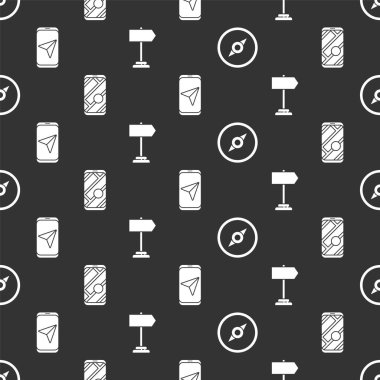 Pusula, şehir haritası navigasyonu, şehir haritası navigasyonu ve yol trafik işaretini kusursuz desen üzerine ayarla. Vektör.