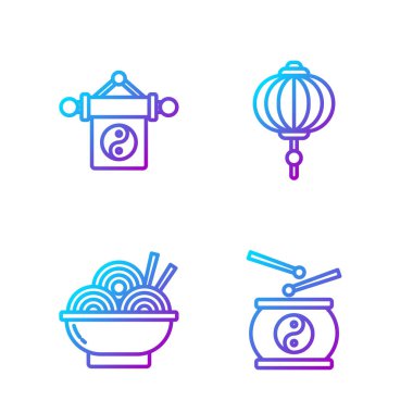 Çin davulları, Asya erişteleri kasede, Yin Yang ve Çin kağıt fenerleri. Renk simgeleri. Vektör.