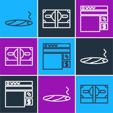 Puroyu dumanla hizaya sok, internetten uyuşturucu al ve kağıt para ikonu biriktir. Vektör.