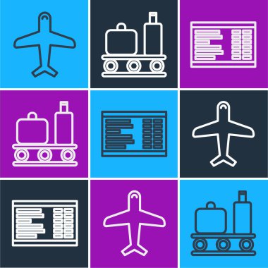 Bavul ikonlu uçak, havaalanı panosu ve havaalanı taşıma bandı ayarlayın. Vektör.