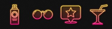 Yıldız, güneş kremi şişesi, bardaklar ve martini bardaklarıyla çizgili harita işaretleyicisi. Parlayan neon ikonu. Vektör.