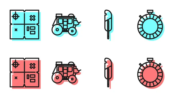 Ustaw Linię Pióro Długopis Mapa Skarbów Western Dyliżans Manierka Ikona — Wektor stockowy