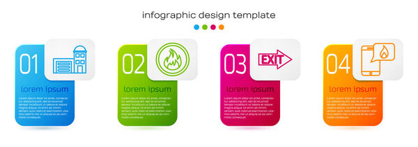 Set line Building of fire station, Fire flame, Fire exit and Phone with emergency call 911. Business infographic template. Vector.