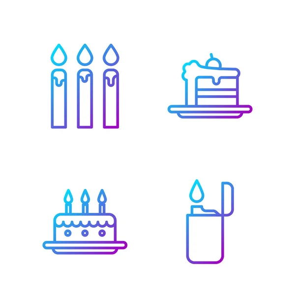 Establecer Línea Encendedor Pastel Con Velas Encendidas Velas Pastel Cumpleaños — Vector de stock