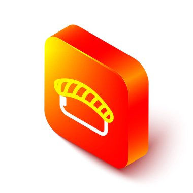 Isometric line Sushi simgesi beyaz arkaplanda izole edildi. Geleneksel Japon yemekleri. Turuncu kare düğme. Vektör İllüstrasyonu.