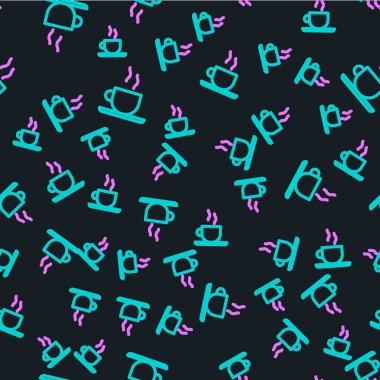 Çizgili kahve fincanı ikonu siyah arka planda izole edilmiş pürüzsüz desen. Çay fincanı. Sıcak içecek kahvesi. Vektör İllüstrasyonu.