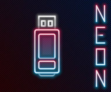 Parlayan neon hattı USB flash disk simgesi siyah arkaplanda izole edildi. Renkli taslak konsepti. Vektör İllüstrasyonu.