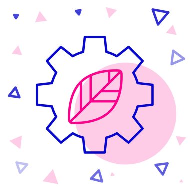 Çizgi Yaprak bitki ekolojisi vites makinesi simgesinde beyaz arka planda izole edildi. Çevre dostu teknoloji. Dünya Çevre Günü etiketi. Renkli taslak konsepti. Vektör İllüstrasyonu.