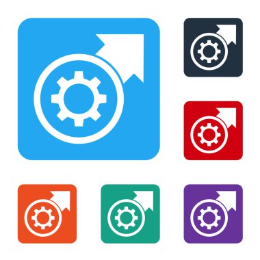 Beyaz Dişliler ve oklar iş akışı süreci konsept simgesi olarak beyaz arkaplanda izole edilmiştir. Vites doldurma tabelası. Renkli kare düğmelerle simgeleri ayarla. Vektör İllüstrasyonu.