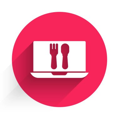 White Online sipariş ve fast food dağıtım ikonu uzun gölgeli. Kırmızı daire düğmesi. Vektör İllüstrasyonu.