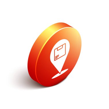 Beyaz arkaplanda izole edilmiş karton kutu simgesine sahip Isometric Konumu. Teslimat hizmetleri, lojistik ve ulaşım, dağıtım. Turuncu daire düğmesi. Vektör İllüstrasyonu.