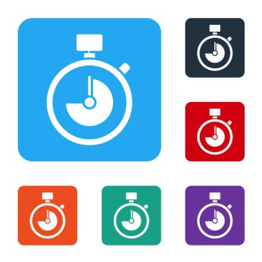 Beyaz Kronometre simgesi beyaz arkaplanda izole edildi. Zaman göstergesi. Kronometre işareti. Renkli kare düğmelerle simgeleri ayarla. Vektör İllüstrasyonu.