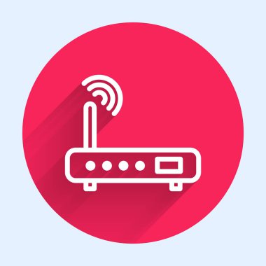 Beyaz hat Router ve kablosuz ağ sinyali ikonu uzun gölgeli. Kablosuz ethernet modem yönlendirici. Bilgisayar teknolojisi interneti. Kırmızı daire düğmesi. Vektör İllüstrasyonu.