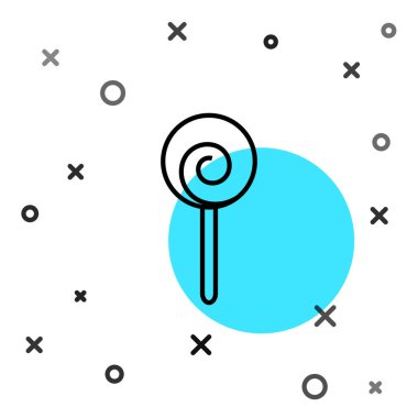 Siyah çizgi lolipop simgesi beyaz arkaplanda izole edildi. Yemek, lezzetli bir sembol. Rastgele dinamik şekiller. Vektör İllüstrasyonu.