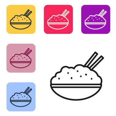 Beyaz arka planda izole edilmiş yemek çubuğu ikonu olan bir kasede siyah çizgili pirinç. Geleneksel Asya yemekleri. Renkli kare düğmelerle simgeleri ayarla. Vektör İllüstrasyonu.