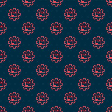 Paket kutucuğu simgesi olan kırmızı çizgi dişli tekerleği siyah arkaplanda izole edilmiş pürüzsüz desen. Kutu, paket, paket işareti. Teslimat ve ambalaj. Vektör İllüstrasyonu.