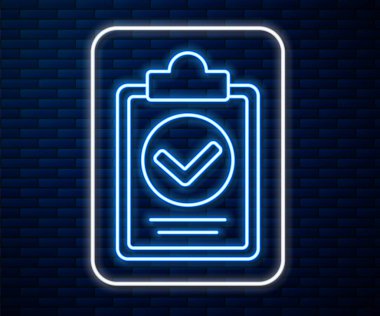 Parlayan neon hattı dağıtım listesi doğrulaması tuğla duvar arka planında izole edilmiş pano simgesi. Vektör İllüstrasyonu.
