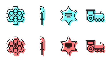 Hat Hexagram Şerifi, Revolver silindiri, Tüy kalem ve Retro tren ikonu. Vektör.