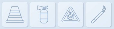 Hattı trafik konisi, üçgende yangın alevi, yangın söndürücü ve sigara ayarlayın. Beyaz kare düğme. Vektör.