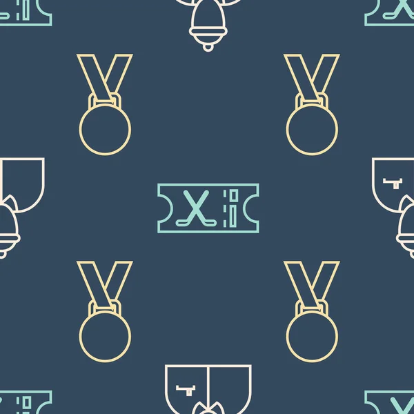 Set line Hockey coach, Medal and Hockey sports ticket on seamless pattern. Vector.