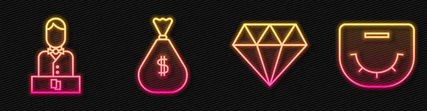 Ustaw Linię Diamond Dealera Kasyna Torbę Pieniądze Stół Pokerowy Świecąca — Wektor stockowy