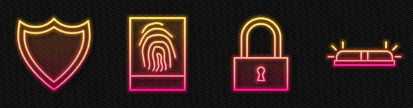 Set Line Lock Shield Fingerprint Flasher Siren Glowing Neon Icon — Stock Vector