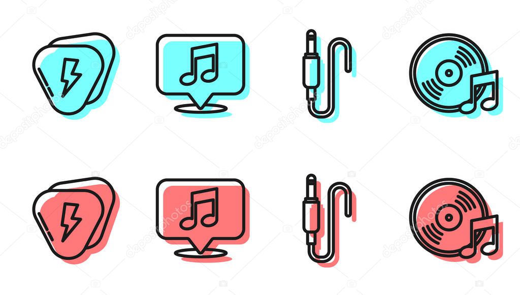 Set line Audio jack, Guitar pick, Musical note in speech bubble and Vinyl disk icon. Vector.
