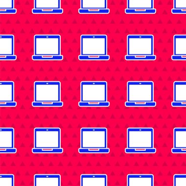 Kırmızı arkaplanda mavi dizüstü bilgisayar simgesi izole edildi. Boş ekran işaretli bilgisayar defteri. Vektör İllüstrasyonu.