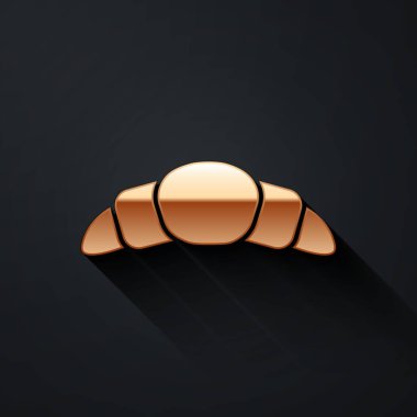 Siyah arka planda izole edilmiş altın kruvasan simgesi. Uzun gölge tarzı. Vektör İllüstrasyonu.