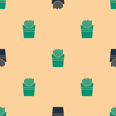 Kutu ikonunda yeşil ve siyah patates kızartması. Bej arka planda izole edilmiş pürüzsüz desen. Fast food menüsü. Vektör İllüstrasyonu.