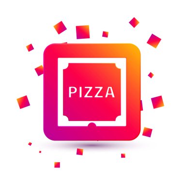 Beyaz arka planda izole edilmiş karton kutu simgesindeki beyaz pizza. Düzen elemanlarıyla birlikte kutu. Kare renk düğmesi. Vektör İllüstrasyonu.